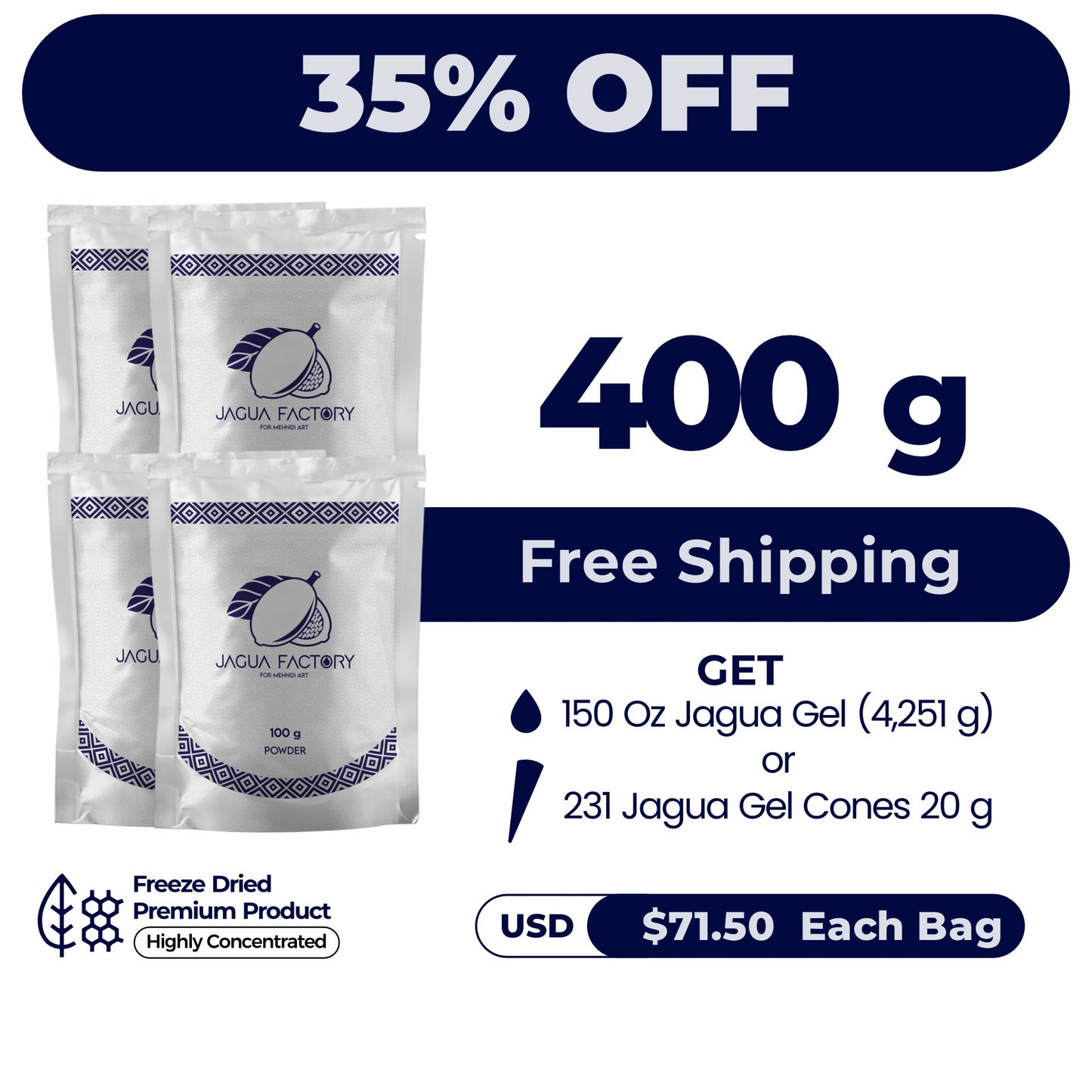 JAGUA POWDER 400 g (4 bags per 100 g)